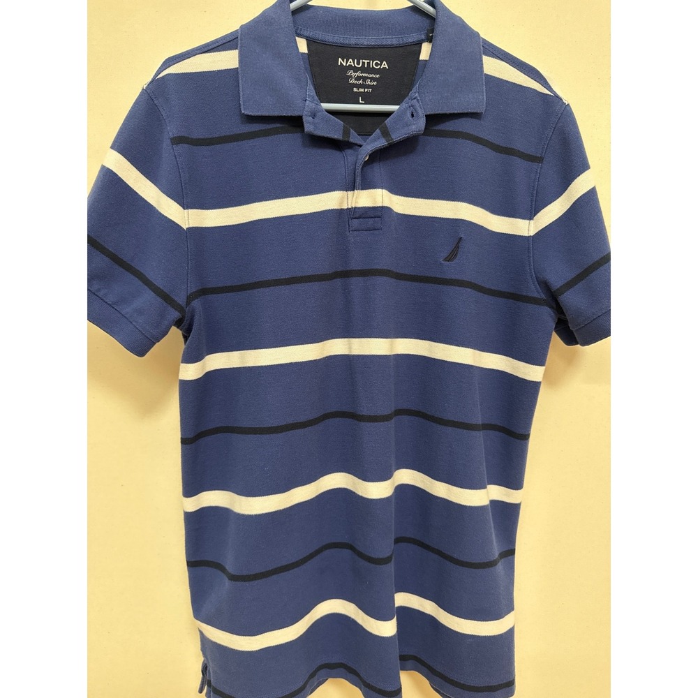 Nautica Performance Deck Shirt Mens Large Blue White Striped Slim Fit Polo